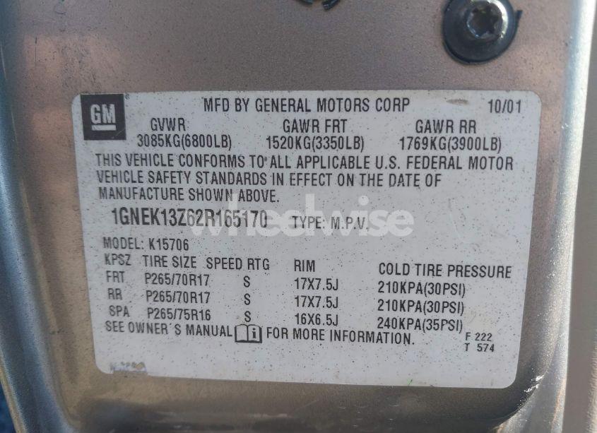 Photo 9 of 2002 Chevrolet Tahoe Z71 (VIN 1GNEK13Z62R165170)