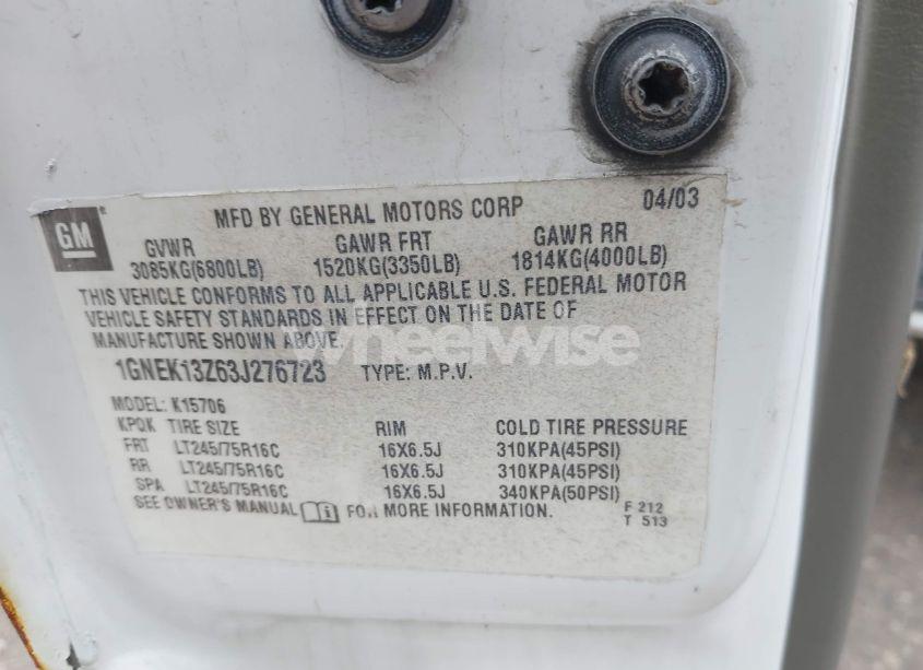 Photo 9 of 2003 Chevrolet Tahoe LS (VIN 1GNEK13Z63J276723)