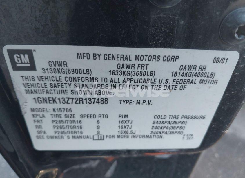 Photo 9 of 2002 Chevrolet Tahoe LT (VIN 1GNEK13Z72R137488)