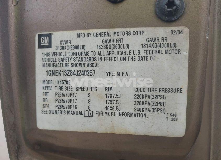 Photo 9 of 2004 Chevrolet Tahoe LT (VIN 1GNEK13Z84J240257)