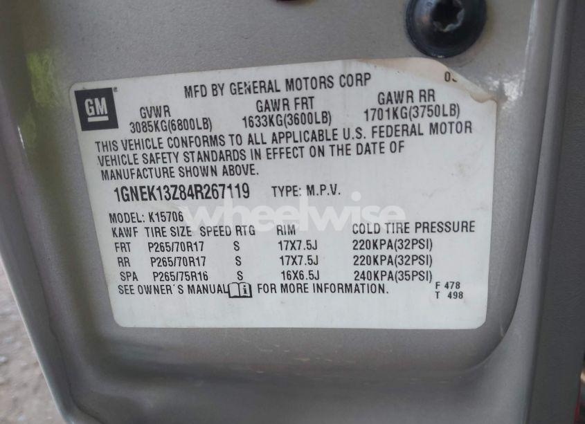 Photo 9 of 2004 Chevrolet Tahoe LS (VIN 1GNEK13Z84R267119)