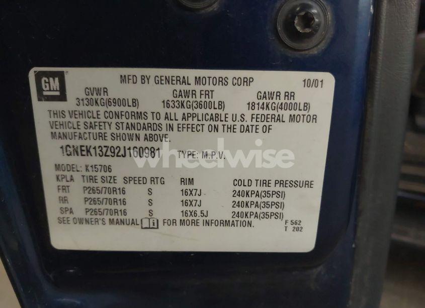 Photo 9 of 2002 Chevrolet Tahoe LT (VIN 1GNEK13Z92J160981)