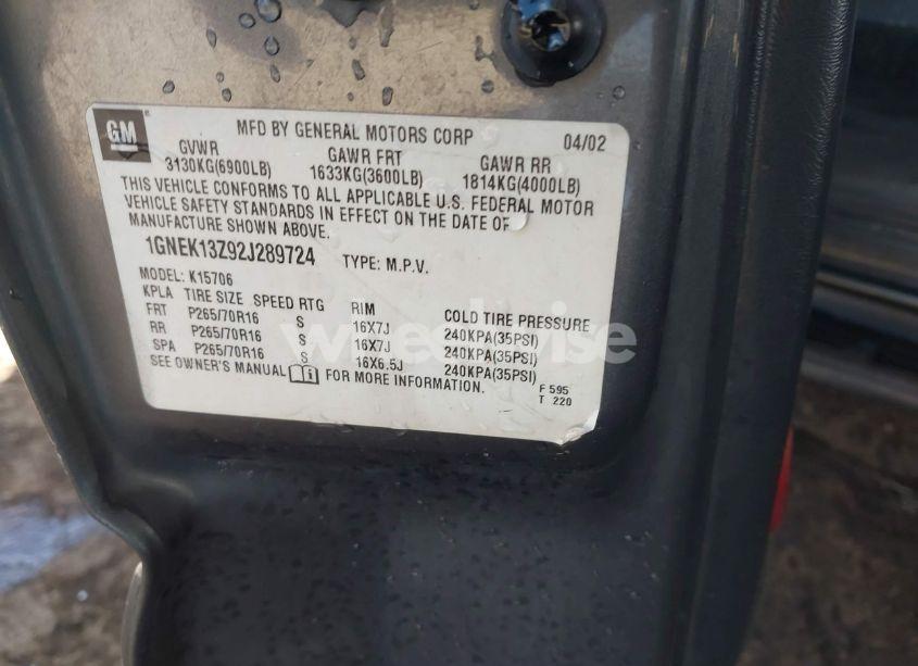 Photo 9 of 2002 Chevrolet Tahoe LT (VIN 1GNEK13Z92J289724)