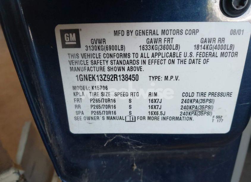 Photo 9 of 2002 Chevrolet Tahoe LT (VIN 1GNEK13Z92R138450)