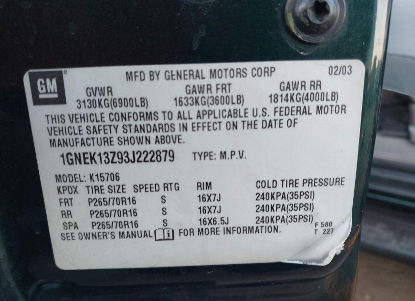 Photo 9 of 2003 Chevrolet Tahoe LS (VIN 1GNEK13Z93J222879)