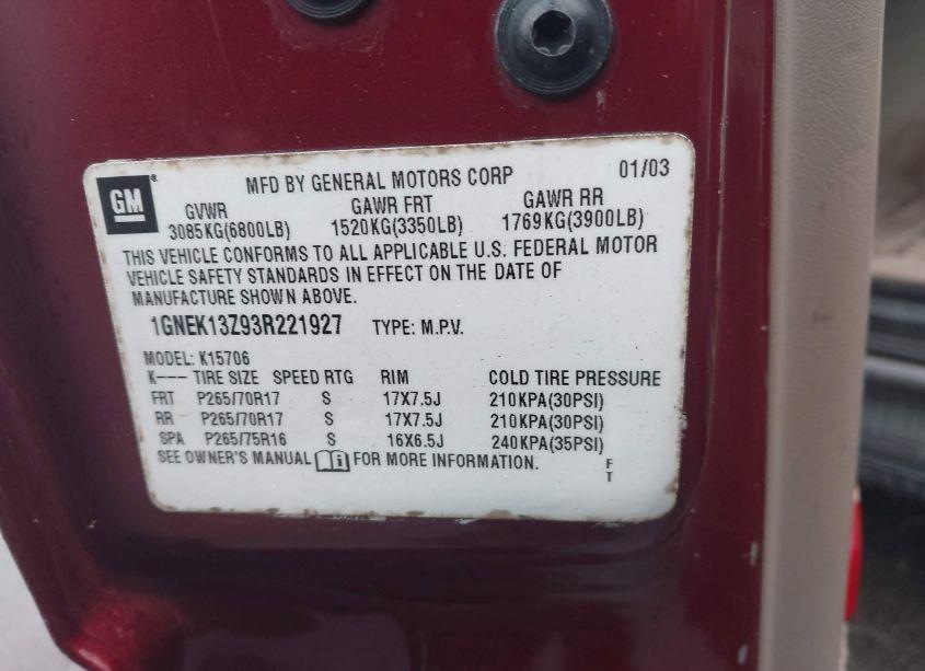 Photo 9 of 2003 Chevrolet Tahoe Z71 (VIN 1GNEK13Z93R221927)