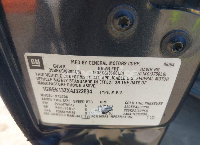 Photo 9 of 2004 Chevrolet Tahoe LS (VIN 1GNEK13ZX4J322894)