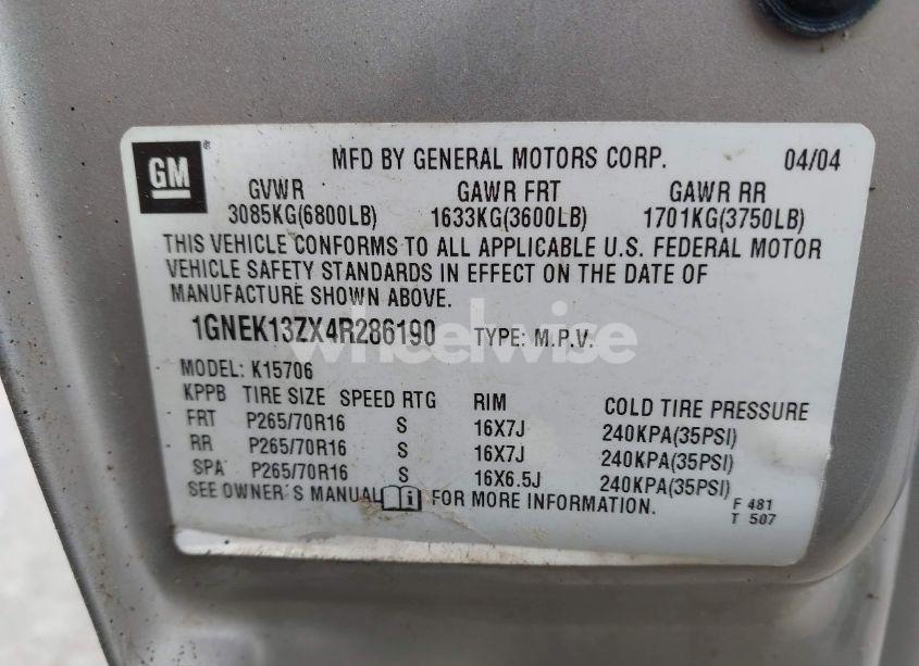 Photo 9 of 2004 Chevrolet Tahoe LS (VIN 1GNEK13ZX4R286190)