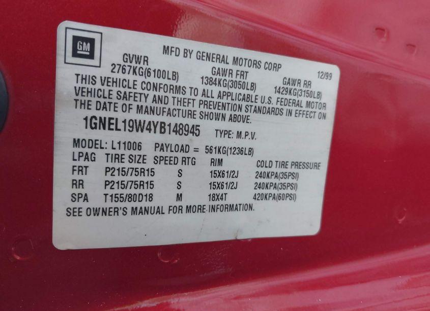 Photo 9 of 2000 Chevrolet Astro (VIN 1GNEL19W4YB148945)
