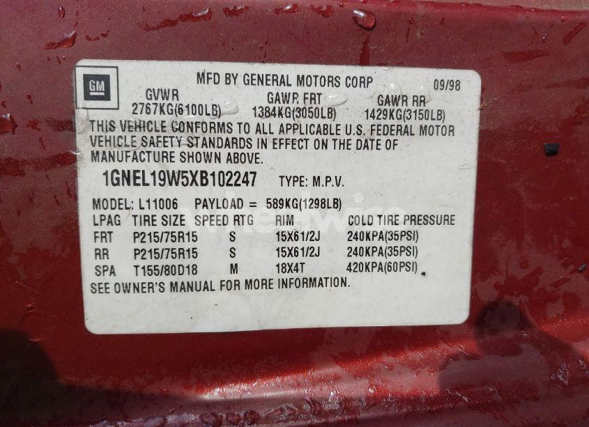 Photo 9 of 1999 Chevrolet Astro (VIN 1GNEL19W5XB102247)