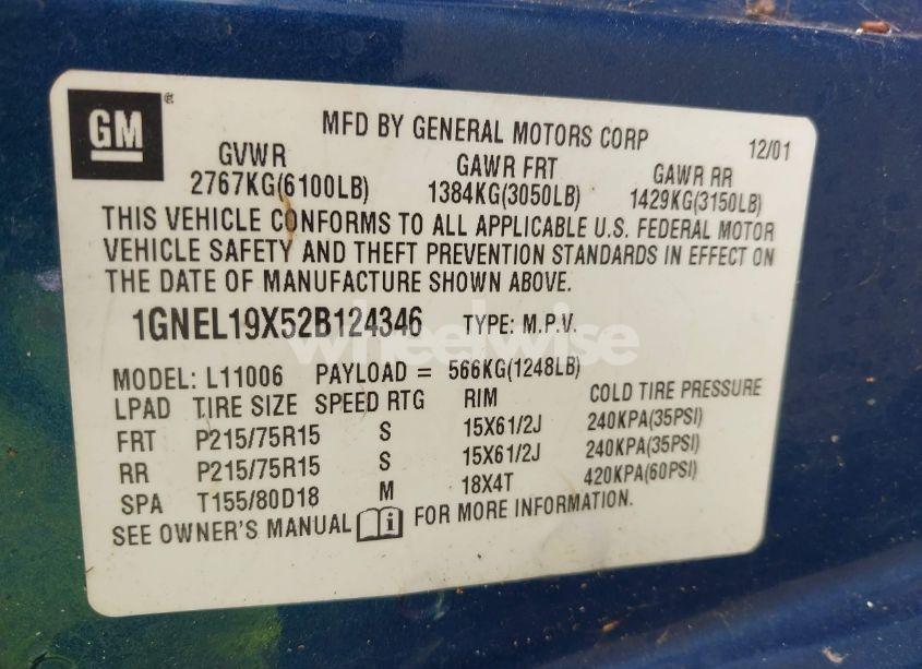Photo 9 of 2002 Chevrolet Astro LS (VIN 1GNEL19X52B124346)