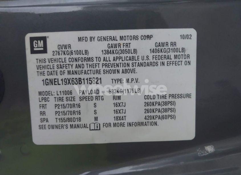Photo 9 of 2003 Chevrolet Astro LS (VIN 1GNEL19X63B115821)