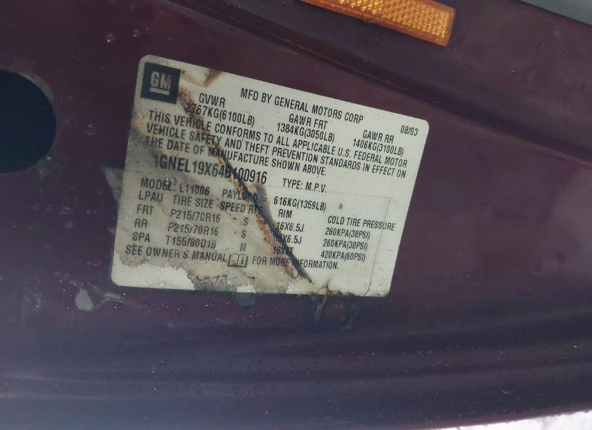 Photo 9 of 2004 Chevrolet Astro (VIN 1GNEL19X64B100916)