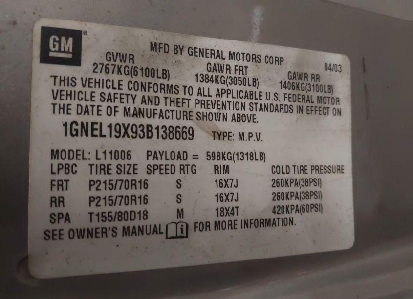 Photo 9 of 2003 Chevrolet Astro LS (VIN 1GNEL19X93B138669)
