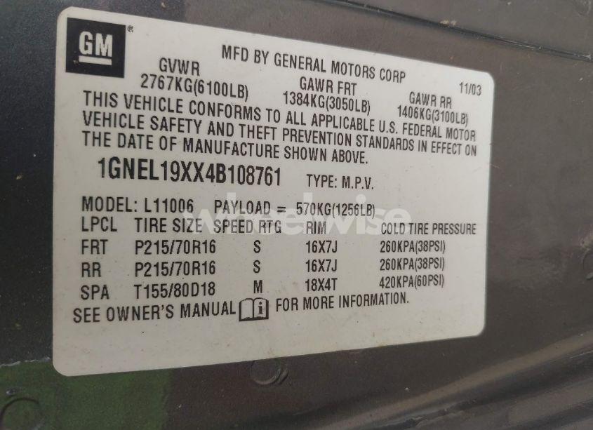 Photo 9 of 2004 Chevrolet Astro (VIN 1GNEL19XX4B108761)