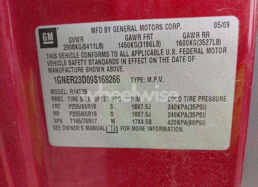 Photo 9 of 2009 Chevrolet Traverse LT (VIN 1GNER23D09S168266)