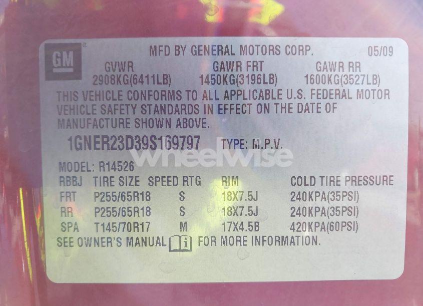 Photo 9 of 2009 Chevrolet Traverse LT (VIN 1GNER23D39S169797)