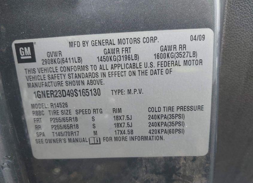 Photo 9 of 2009 Chevrolet Traverse LT (VIN 1GNER23D49S165130)