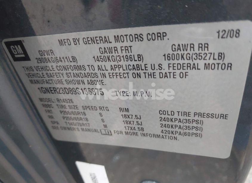 Photo 9 of 2009 Chevrolet Traverse LT (VIN 1GNER23D89S136875)