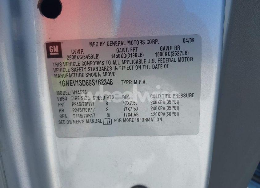 Photo 9 of 2009 Chevrolet Traverse LS (VIN 1GNEV13D89S162348)