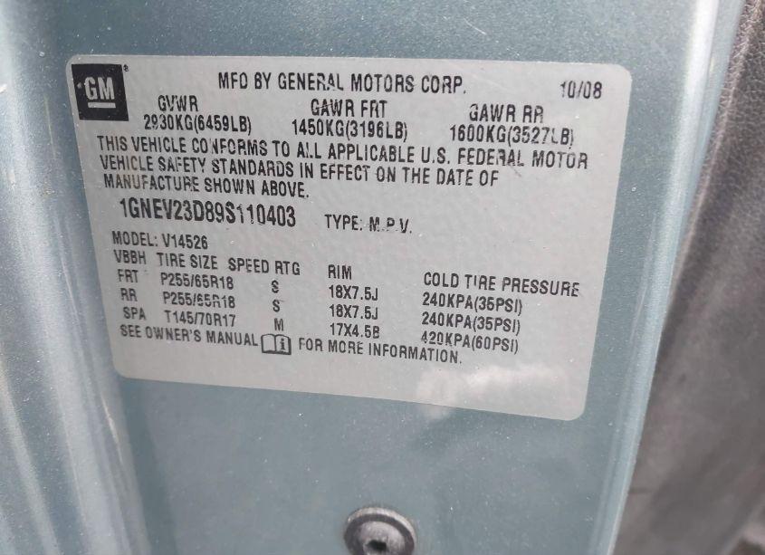 Photo 9 of 2009 Chevrolet Traverse LT (VIN 1GNEV23D89S110403)