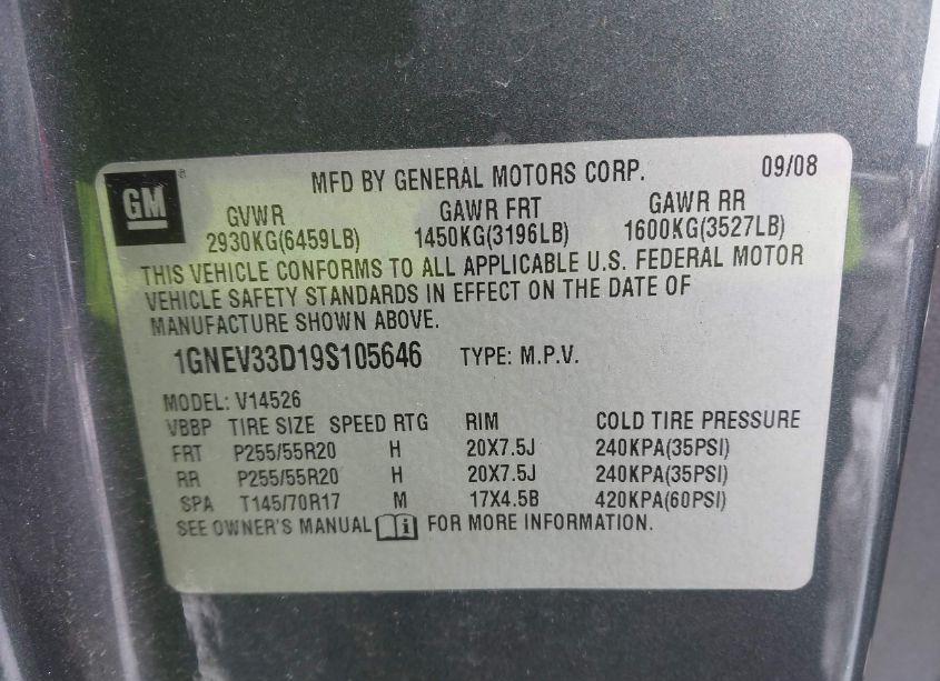 Photo 9 of 2009 Chevrolet Traverse LTZ (VIN 1GNEV33D19S105646)