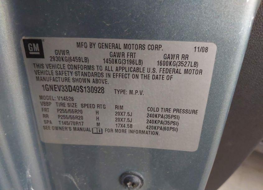 Photo 9 of 2009 Chevrolet Traverse LTZ (VIN 1GNEV33D49S130928)