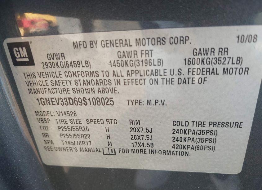 Photo 9 of 2009 Chevrolet Traverse LTZ (VIN 1GNEV33D69S108025)