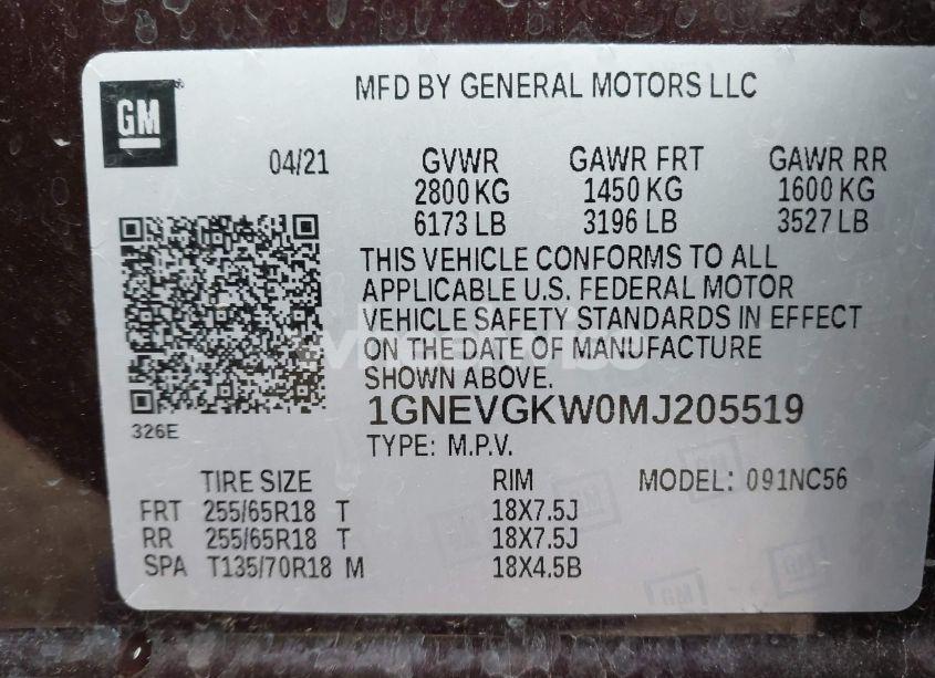 Photo 9 of 2021 Chevrolet Traverse AWD LT CLOTH (VIN 1GNEVGKW0MJ205519)