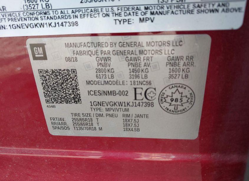 Photo 9 of 2019 Chevrolet Traverse 1LT (VIN 1GNEVGKW1KJ147398)