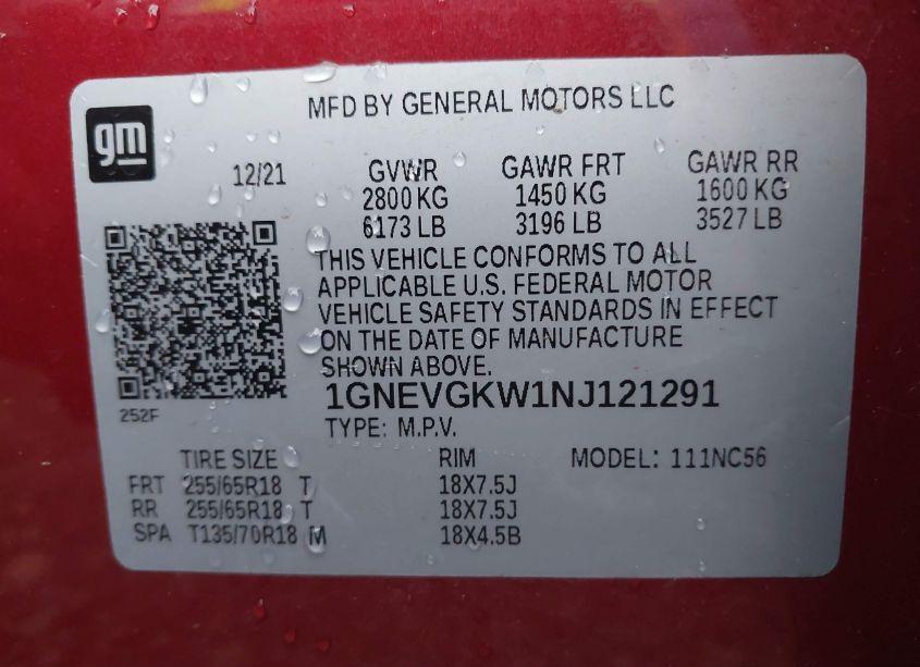 Photo 9 of 2022 Chevrolet Traverse AWD LT CLOTH (VIN 1GNEVGKW1NJ121291)