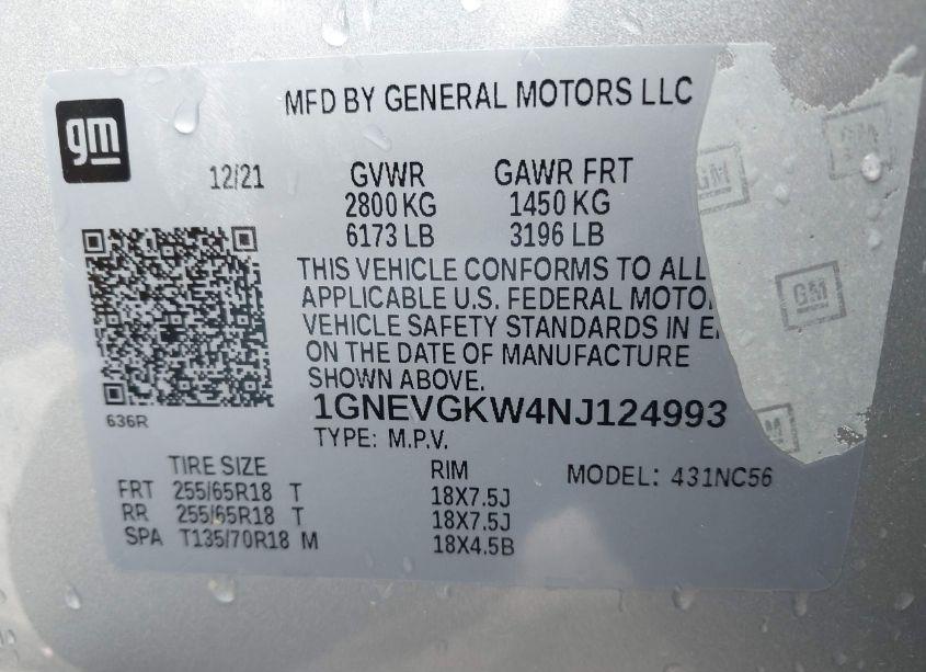 Photo 9 of 2022 Chevrolet Traverse AWD LT CLOTH (VIN 1GNEVGKW4NJ124993)