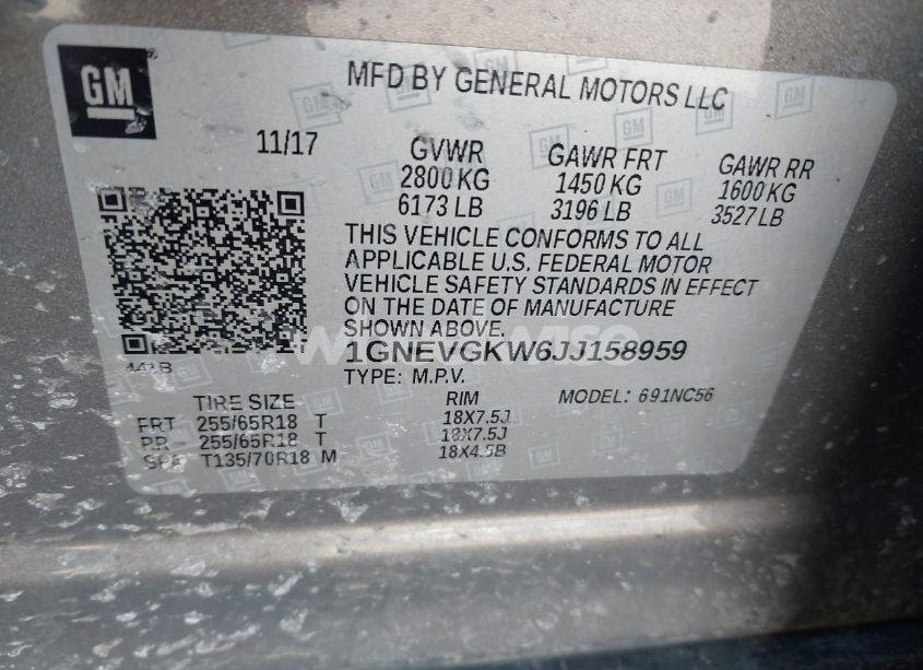 Photo 9 of 2018 Chevrolet Traverse 1LT (VIN 1GNEVGKW6JJ158959)