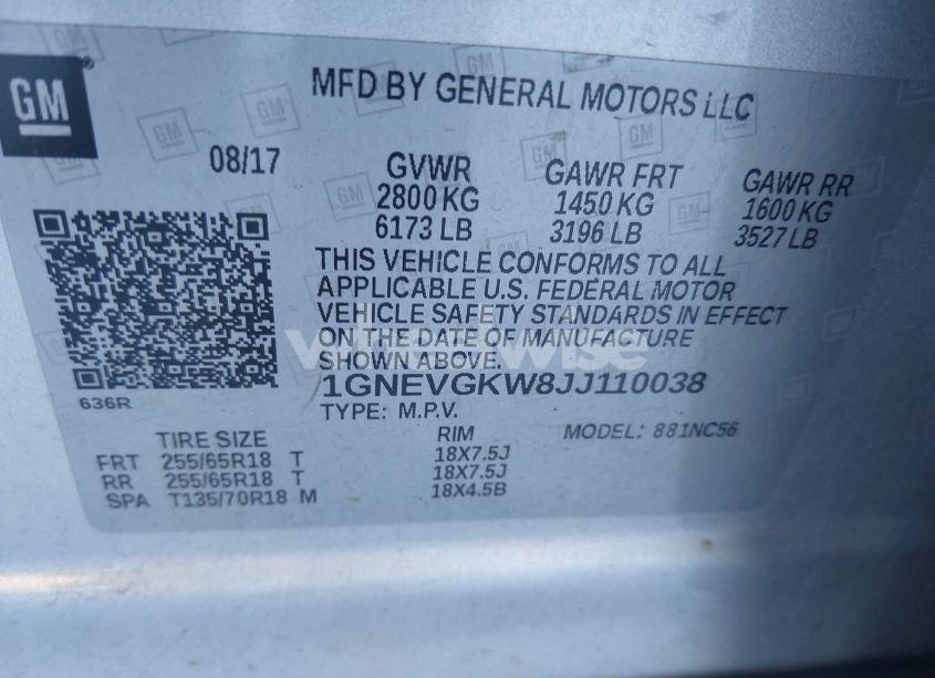 Photo 9 of 2018 Chevrolet Traverse 1LT (VIN 1GNEVGKW8JJ110038)