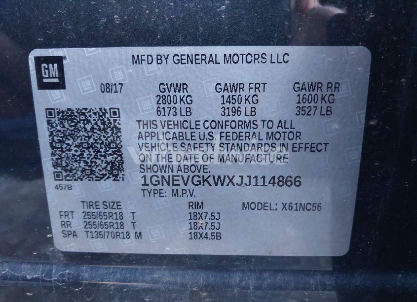 Photo 9 of 2018 Chevrolet Traverse 1LT (VIN 1GNEVGKWXJJ114866)