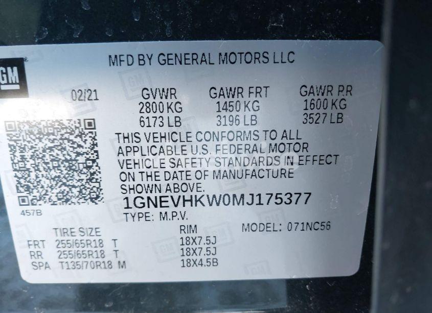 Photo 9 of 2021 Chevrolet Traverse AWD LT LEATHER (VIN 1GNEVHKW0MJ175377)