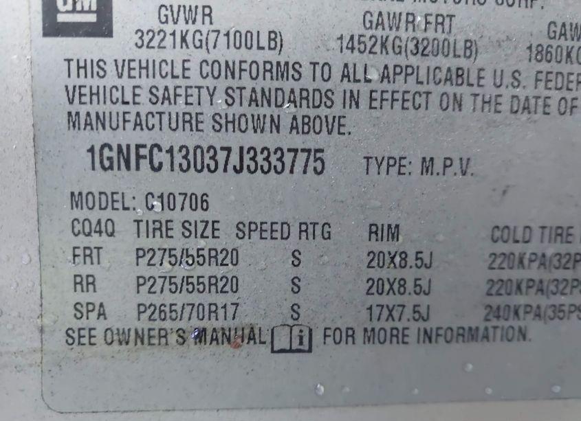 Photo 9 of 2007 Chevrolet Tahoe LT (VIN 1GNFC13037J333775)