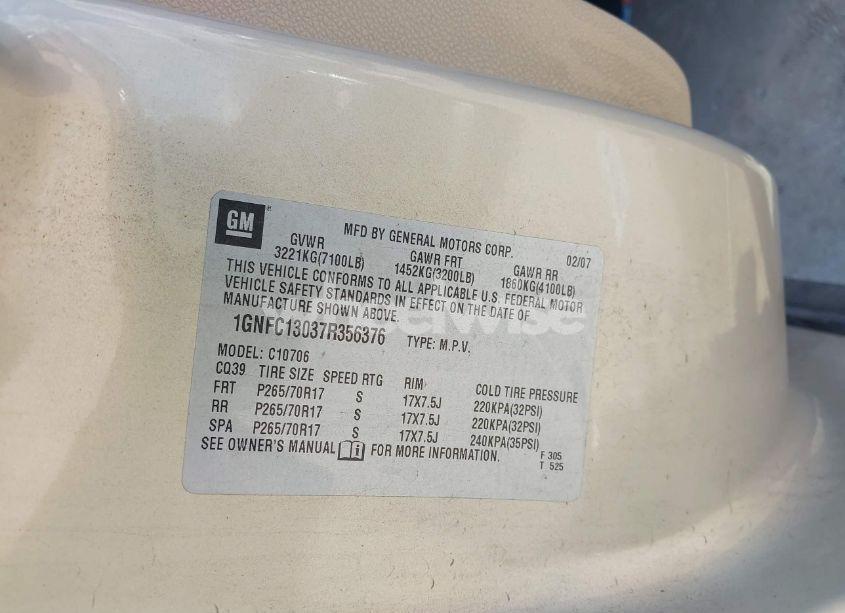 Photo 9 of 2007 Chevrolet Tahoe LT (VIN 1GNFC13037R356376)