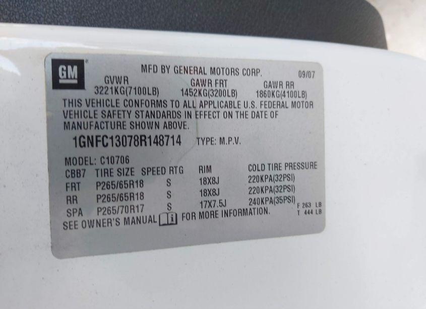 Photo 9 of 2008 Chevrolet Tahoe LT W/3LT (VIN 1GNFC13078R148714)