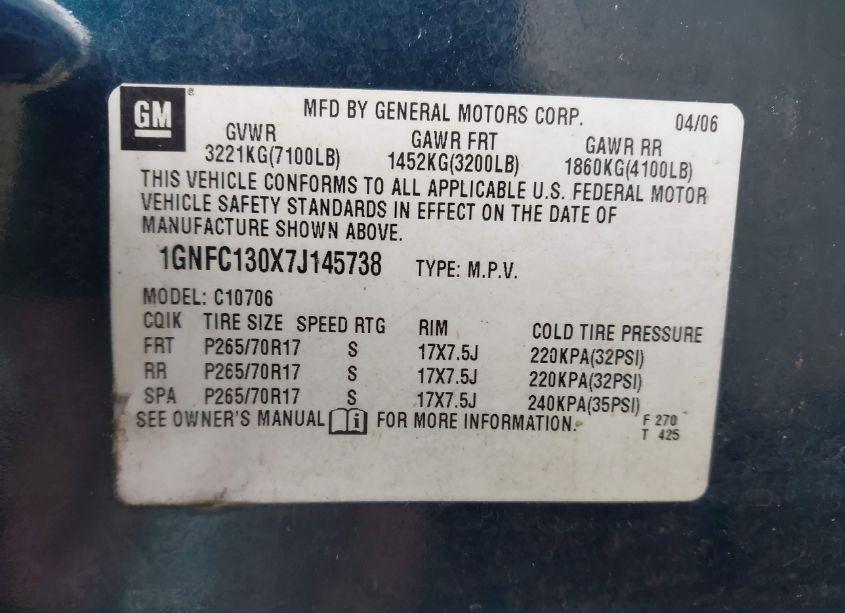 Photo 9 of 2007 Chevrolet Tahoe LT (VIN 1GNFC130X7J145738)