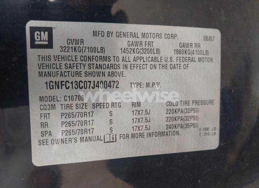 Photo 9 of 2007 Chevrolet Tahoe LS (VIN 1GNFC13C07J400472)