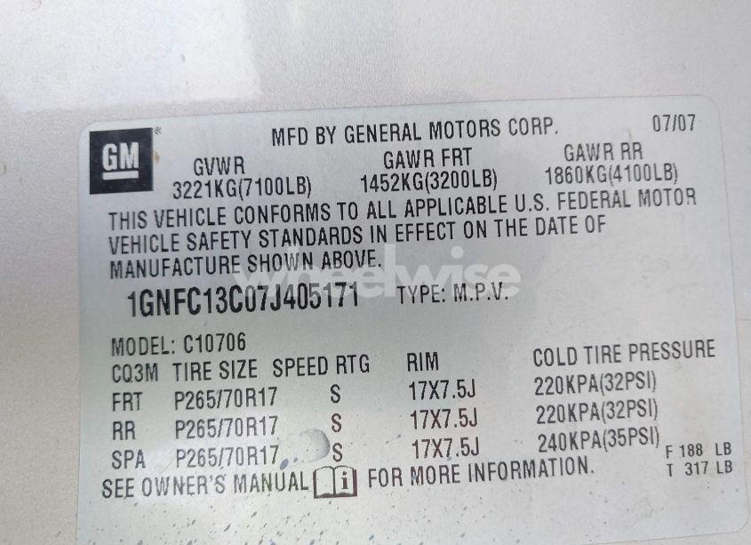 Photo 9 of 2007 Chevrolet Tahoe LS (VIN 1GNFC13C07J405171)