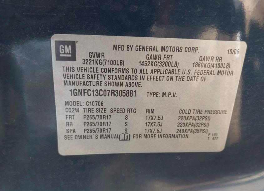 Photo 9 of 2007 Chevrolet Tahoe LS (VIN 1GNFC13C07R305881)