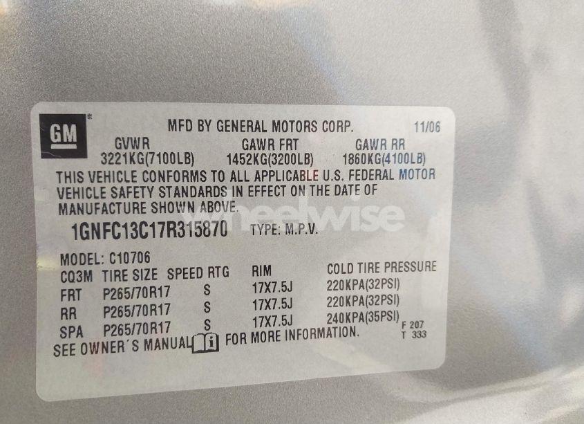 Photo 9 of 2007 Chevrolet Tahoe LS (VIN 1GNFC13C17R315870)