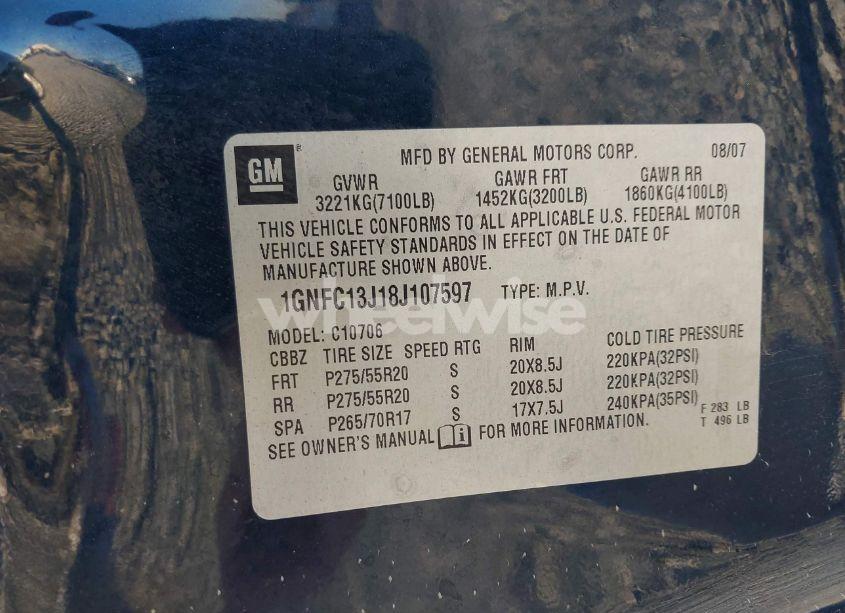 Photo 9 of 2008 Chevrolet Tahoe LT (VIN 1GNFC13J18J107597)