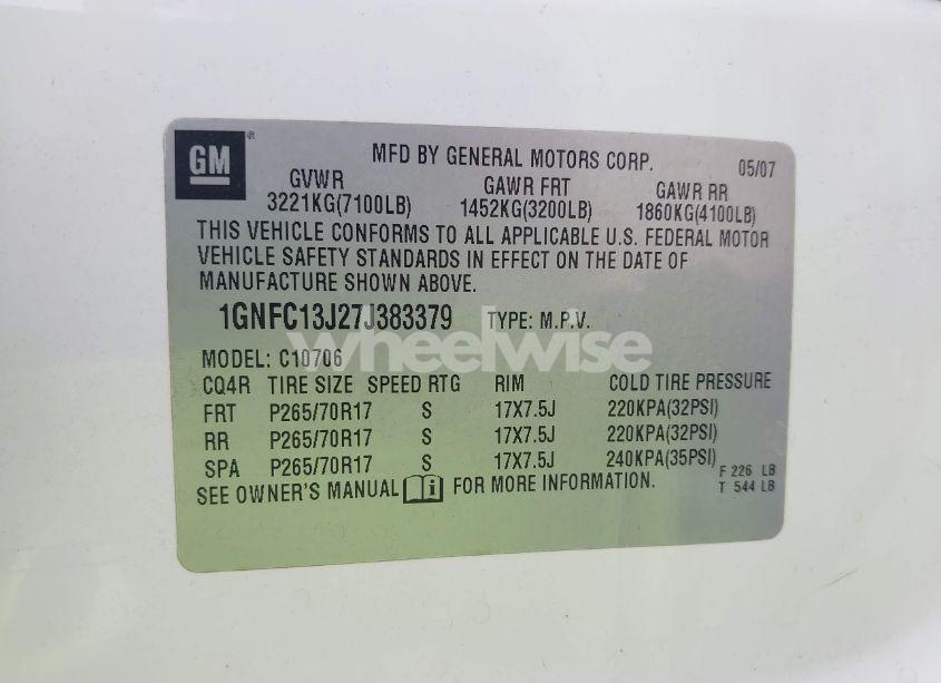 Photo 9 of 2007 Chevrolet Tahoe LT (VIN 1GNFC13J27J383379)