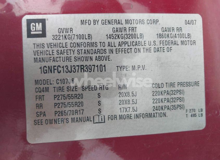 Photo 9 of 2007 Chevrolet Tahoe LT (VIN 1GNFC13J37R397101)