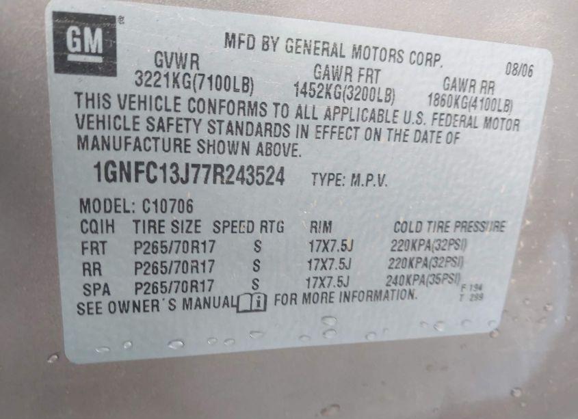 Photo 9 of 2007 Chevrolet Tahoe LS (VIN 1GNFC13J77R243524)