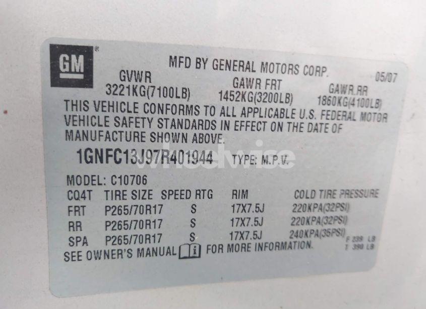 Photo 9 of 2007 Chevrolet Tahoe LT (VIN 1GNFC13J97R401944)