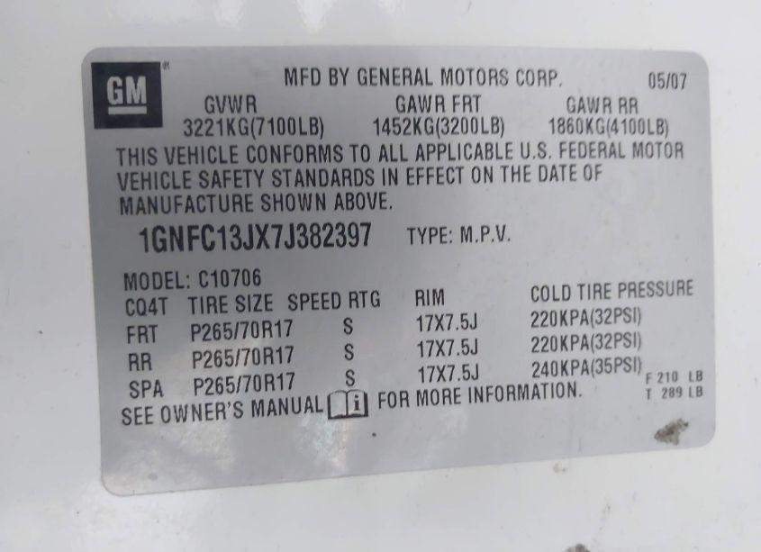 Photo 9 of 2007 Chevrolet Tahoe LT (VIN 1GNFC13JX7J382397)